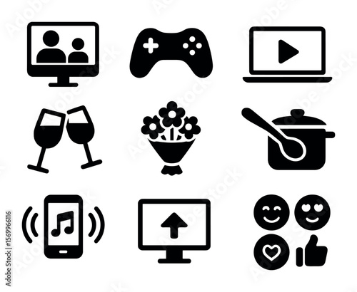 Virtual Date Icons. Solid, filled icons set of virtual date activities: video call, online game controller,
