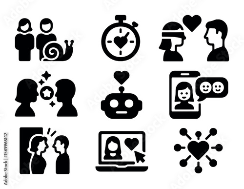 Modern Dating Icons. Solid, filled icons set of evolving dating trends: slow dating icon, speed dating timer,