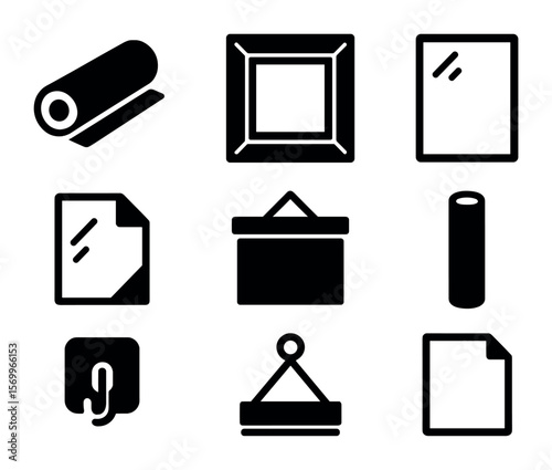 Wall Decor Icons Grid. Solid, filled icons set of wall decor materials: canvas roll, wooden frame, glass panel