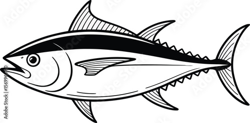 Stylized black and white illustration of a tuna fish