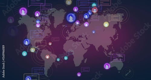 Fading in neon icons over world map, pulsing and connecting globally visualizing chat network