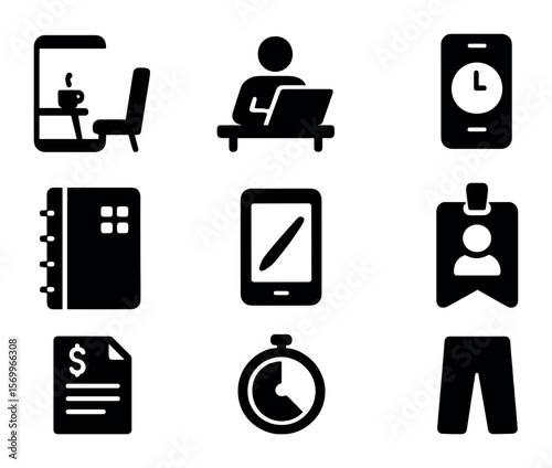 Freelance Work Icons. Solid, filled icons set of freelance work lifestyle: mobile workspace, remote worker,