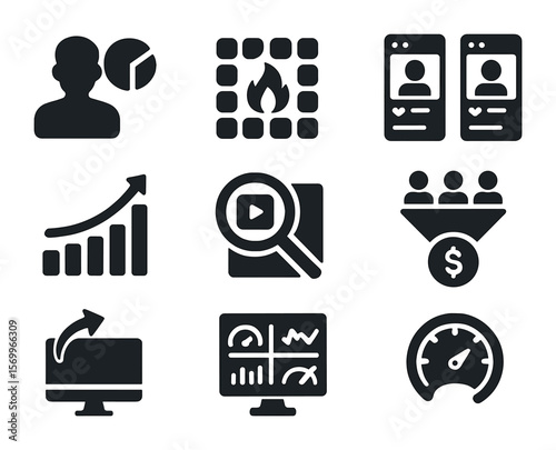 Influencer Analytics Icons. Solid, filled icons set of influencer marketing analytics: audience demographics,