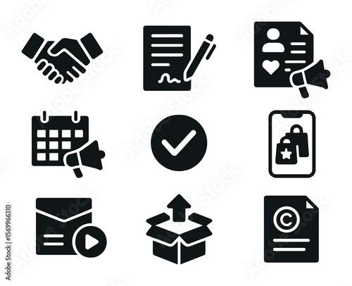 Brand Partnership Icons. Solid, filled icons set of brand partnerships: handshake icon, contract agreement,