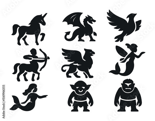 Fantasy Icons Grid. Solid, filled icons set of fantasy creatures: unicorn, dragon, phoenix, centaur, griffin,