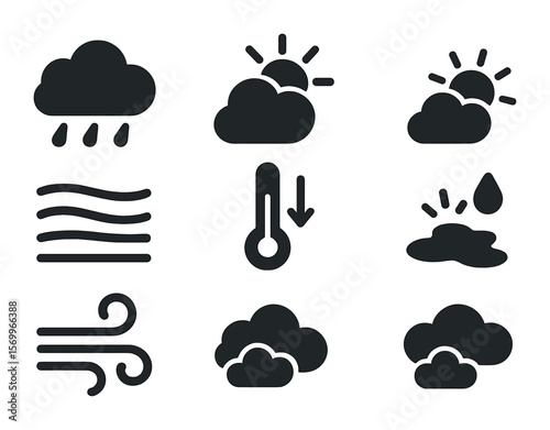 Spring Weather Icons. Solid, filled icons set of weather in early spring: light drizzle, cloudy sunrise, sun