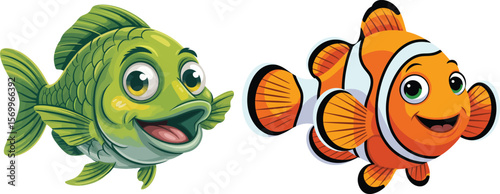 Two happy cartoon fish a green fish and an orange clownfish swimming together