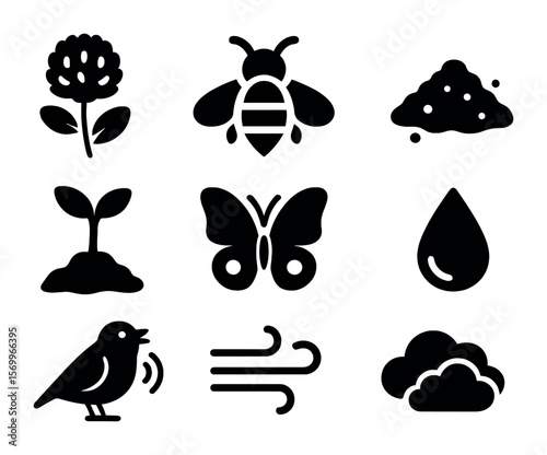 Spring Nature Icons. Solid, filled icons set of spring nature elements: blooming clover, buzzing bee, fresh