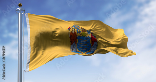 Close-up of New Jersey state flag waving in the wind