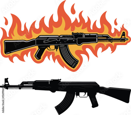 Two kalashnikov ak47 assault rifles one with flames and one as a silhouette