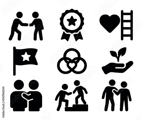 Supportive Icons Grid. Solid, filled icons set of supportive relationships: person giving hand, encouragement