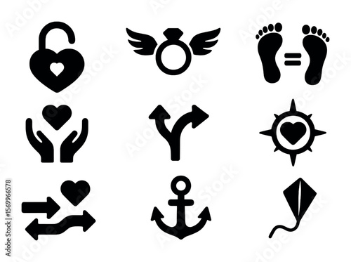 Commitment and Freedom Icons. Solid, filled icons set of commitment and freedom: open lock with heart, wings
