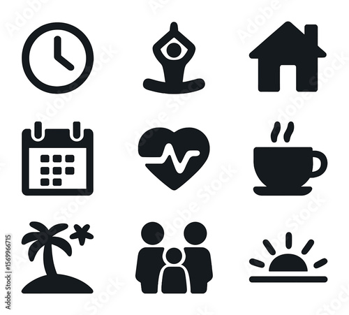 Work-Life Balance Icons. Solid, filled icons set of work-life balance: clock, yoga pose, home icon, calendar,