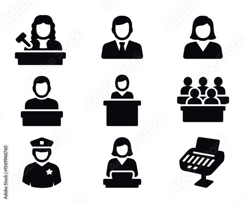 Courtroom Roles Icons. Solid, filled icons set of courtroom roles: judge, attorney, plaintiff, defendant,