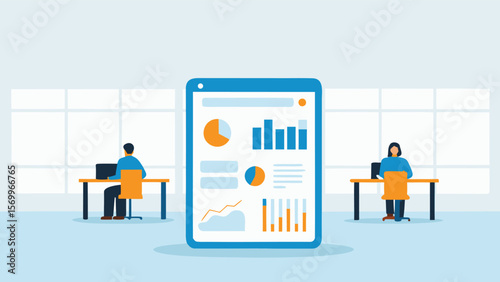 Data analysis dashboard on tablet with people working at desks in a bright office space view
