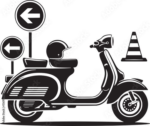 Black scooter with helmet and traffic signs traffic cone arrow