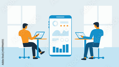 Two individuals working on laptops with a large mobile phone display in the center of the scene