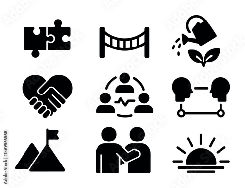 Relationship Building Icons. Solid, filled icons set of relationship building: puzzle pieces joining, ladder