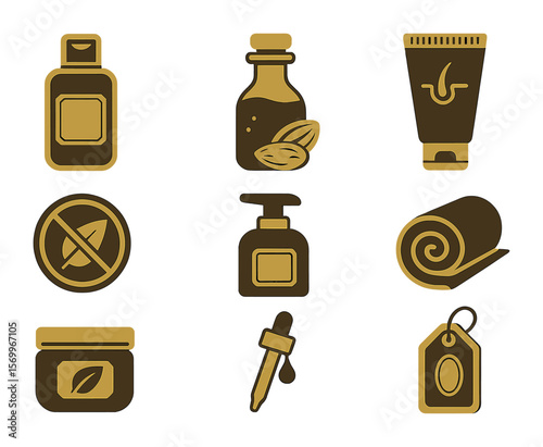Premium Haircare Icons. Solid, filled icons set of premium haircare line: gold-trimmed bottle, argan oil,