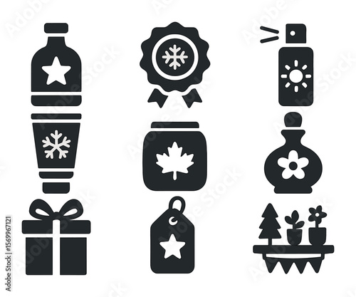 Seasonal Product Icons. Solid, filled icons set of seasonal product display: holiday edition bottle, limited