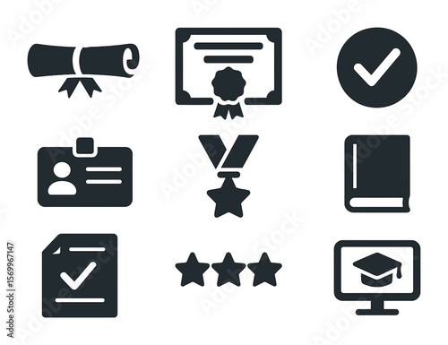 Professional Icons Grid. Solid, filled icons set of professional certifications and credentials: diploma