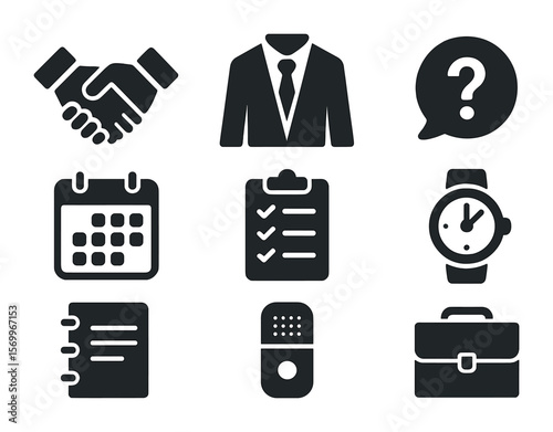 Interview Prep Icons. Solid, filled icons set of interview preparation: handshake, suit and tie, question mark