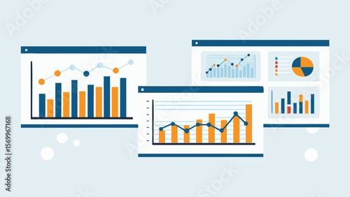 Illustration showing multiple data charts including bar graphs and line graphs for business reports