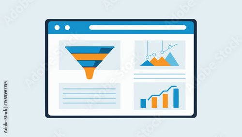 Browser window displaying a funnel chart and various data graphs in a dashboard layout view