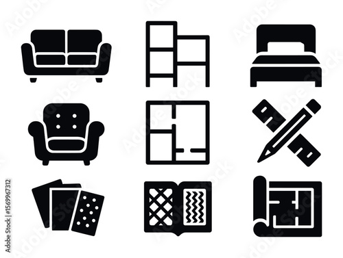 Modern Furniture Icons. Solid, filled icons set of home furniture design: custom sofa, modular shelf, tailored