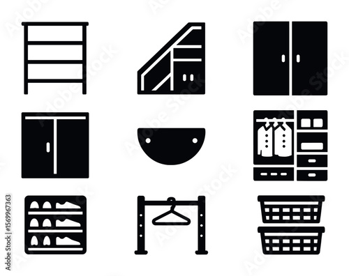 Built-In Storage Icons. Solid, filled icons set of built-in storage design: wall shelf unit, under-stair