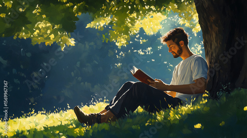 man sitting under tree reading a book background