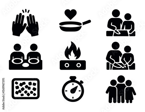 Kitchen Bonding Icons. Solid, filled icons set of kitchen bonding time: high five, heart over pan, parent
