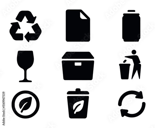 Recyclable Packaging Icons. Solid, filled icons set of recyclable packaging icons: recycling triangle, paper