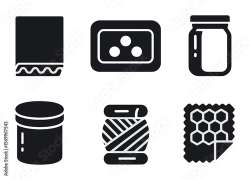 Sustainable Packaging Icons. Solid, filled icons set of sustainable packaging materials: corrugated board,