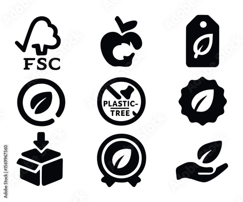Eco Certification Icons. Solid, filled icons set of eco label and certification icons: FSC label, compost