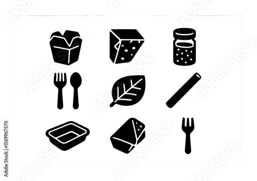 Eco Packaging Icons. Solid, filled icons set of eco packaging for food: paper takeaway box, wax wrap, glass