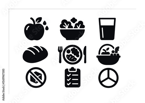 Healthy Eating Icons. Solid, filled icons set of healthy eating habits: washed apple, salad bowl, water glass,