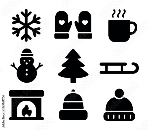Winter Icons Grid. Solid, filled icons set of winter moments and traditions: snowflake, mittens, hot cocoa mug