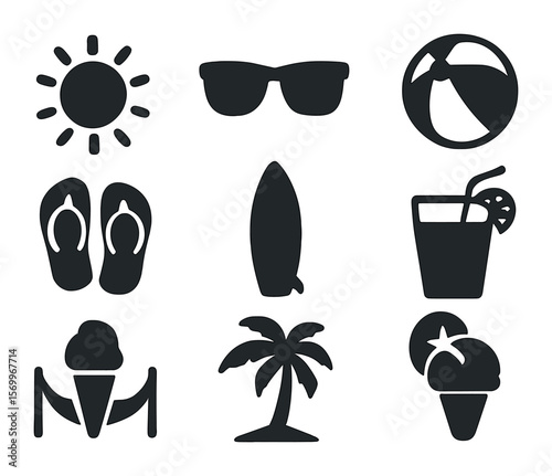 Summer Icons Grid. Solid, filled icons set of summer lifestyle and recreation: sun icon, sunglasses, beach