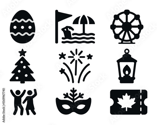 Seasonal Festival Icons. Solid, filled icons set of seasonal festivals and celebrations: Easter egg, beach