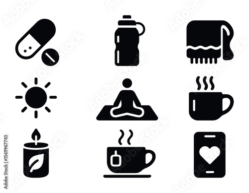 Seasonal Wellness Icons. Solid, filled icons set of seasonal mood and wellness: allergy pill, summer hydration