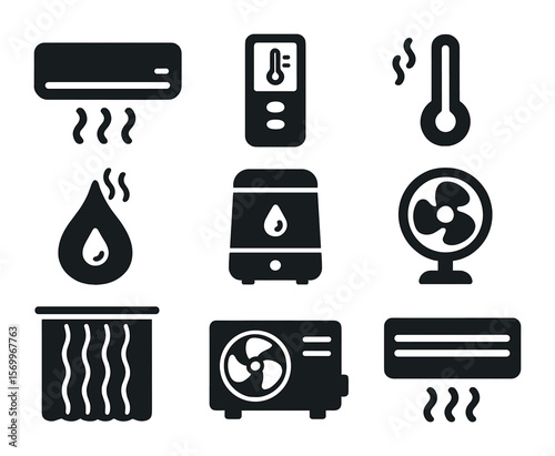 Climate Control Icons. Solid, filled icons set of climate control gadgets: wall-mounted AC unit, heater remote