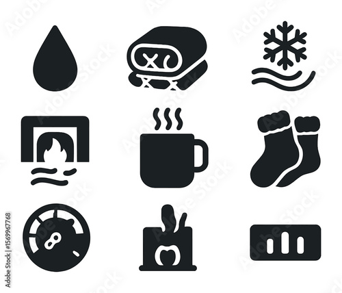 Indoor Comfort Icons. Solid, filled icons set of indoor climate comfort: sweat droplet, cozy blanket, cold
