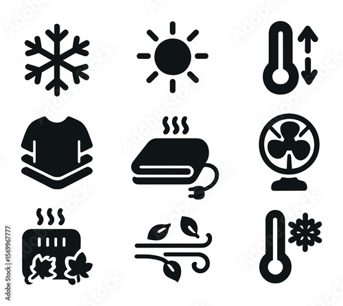 Seasonal Temperature Icons. Solid, filled icons set of seasonal temperature adjustments: snowflake for cold,