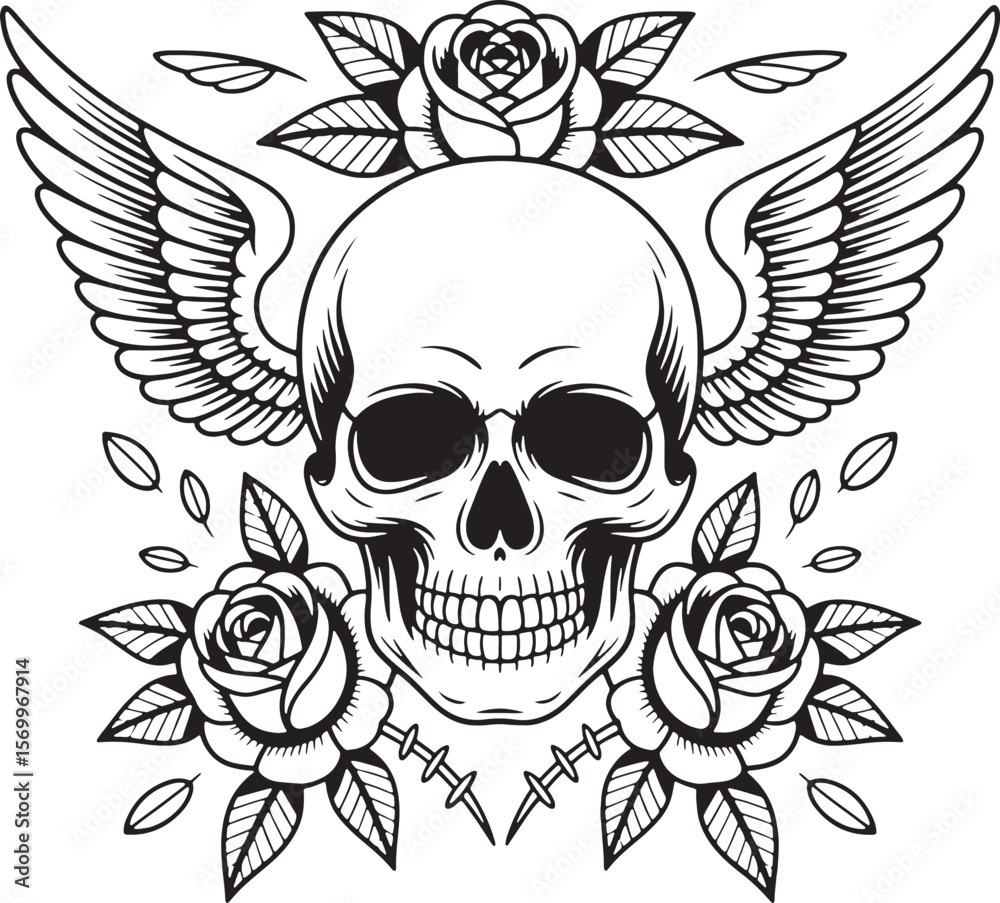 Fototapeta premium Skull with wings and roses black and white tattoo style
