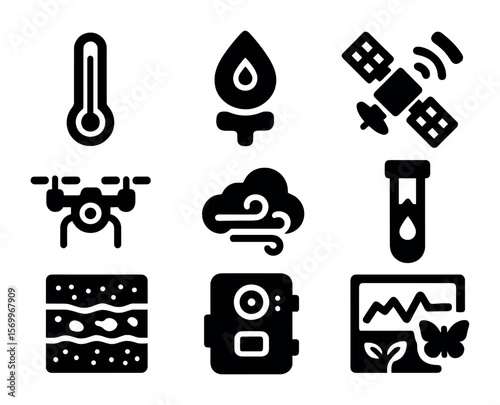 Environmental Monitoring Icons. Solid, filled icons set of environmental monitoring: temperature gauge,