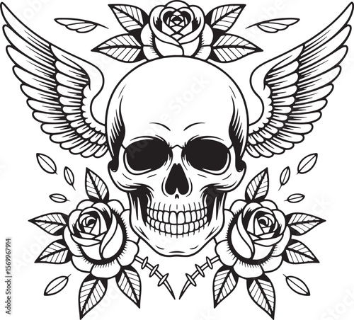Skull with wings and roses black and white tattoo style