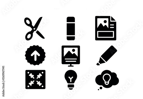 Creative Vision Board Icons. Solid, filled icons set of creative vision board tools: scissors, glue stick,