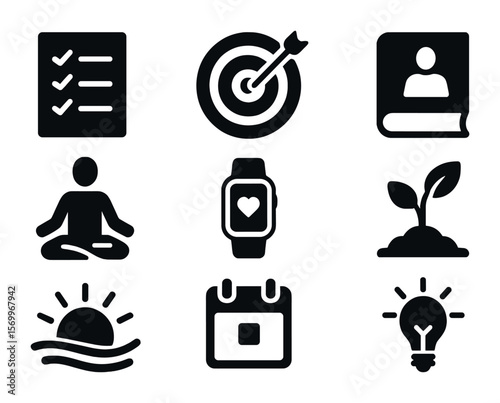 Personal Growth Icons. Solid, filled icons set of personal development goals: checklist, target bullseye, self