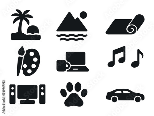 Dream Lifestyle Icons. Solid, filled icons set of dream lifestyle icons: beach scene, mountain view, yoga mat,